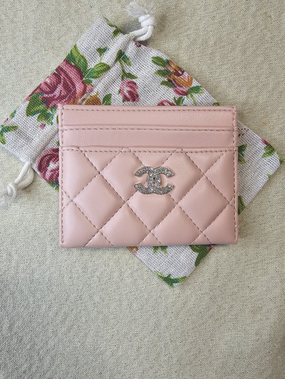 Pastel Pink Quilted Card Holder with Crystal Logo